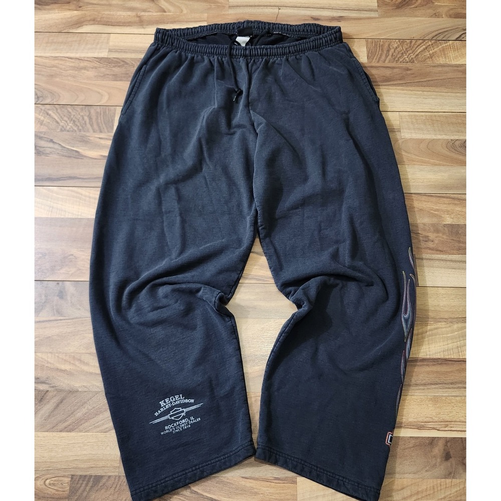 VTG Harley-Davidson Striking Flames Graphic Sweatpants Black Loose Fit Size XL - Picture 3 of 16